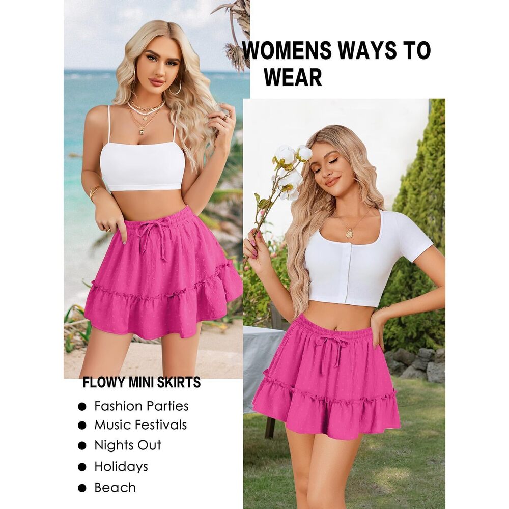 6243 Pink Ruffle Mini High Waisted Linen Skort Fall Boho Flowy Skater Skirt - Picture 2 of 3